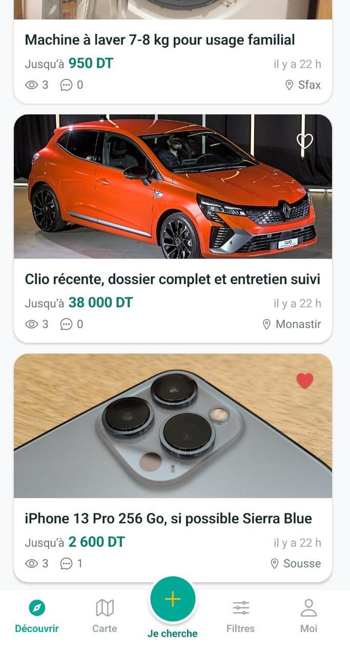 Écran Découvrir de 3andek? montrant des recherches publiées avec budget, ville et nombre de propositions.