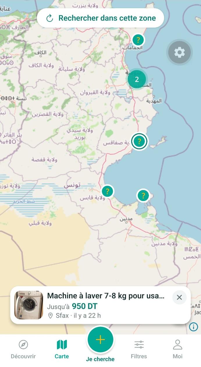 Carte de la Tunisie dans 3andek? avec des recherches par zone et une fiche « Machine à laver 7-8 kg », jusqu'à 950 DT à Sfax.